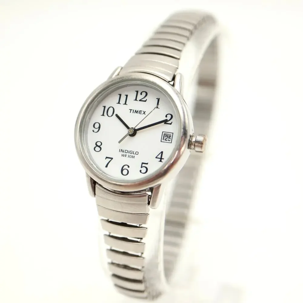 Timex Indiglo Date Silver Tone Women 25mm Watch Metal Stretch Band w New Battery
